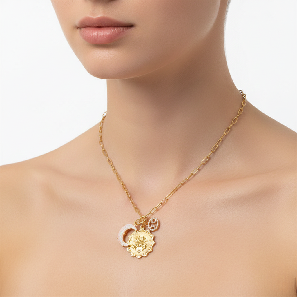 Cancer zodiac necklace –horoscope pendant with moon and star charms