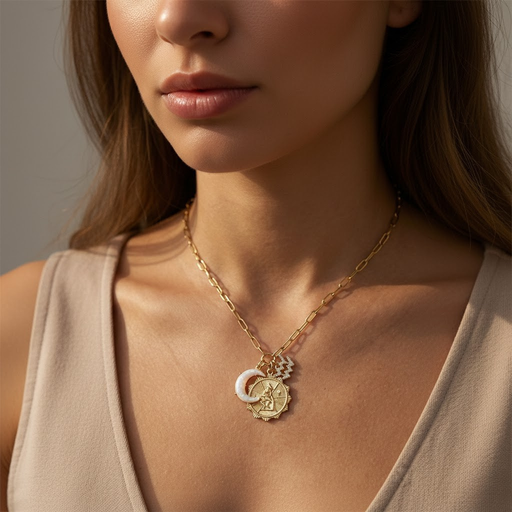 Aquarius zodiac necklace –horoscope pendant with moon and celestial charms
